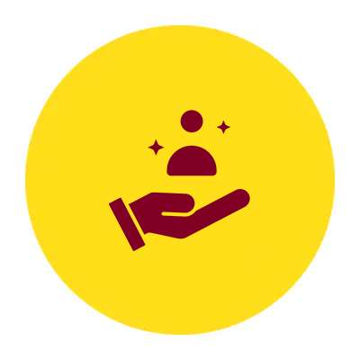 Hand holding a person icon on yellow background.