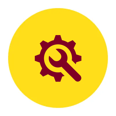 Wrench and gear icon on yellow background.