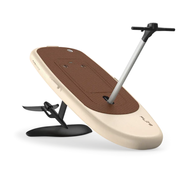 A white surfboard with brown top and black handle.