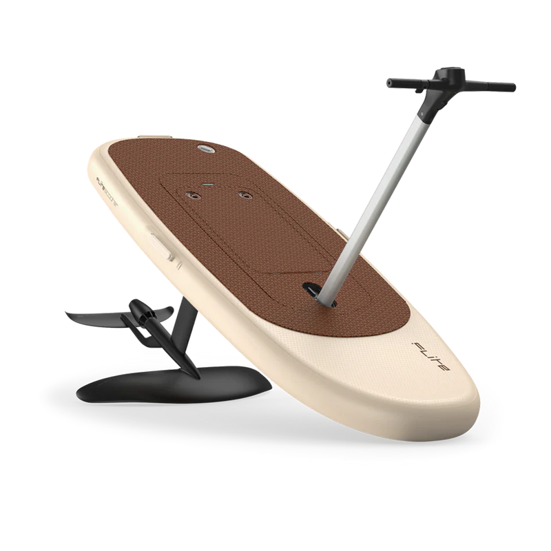 Fliteboard_Flitescooter_Model_Carousel_1024x1024_b6d516a2-3ec9-4e46-8a1e-938ef1f97b52.png A white surfboard with brown top and black handle.
