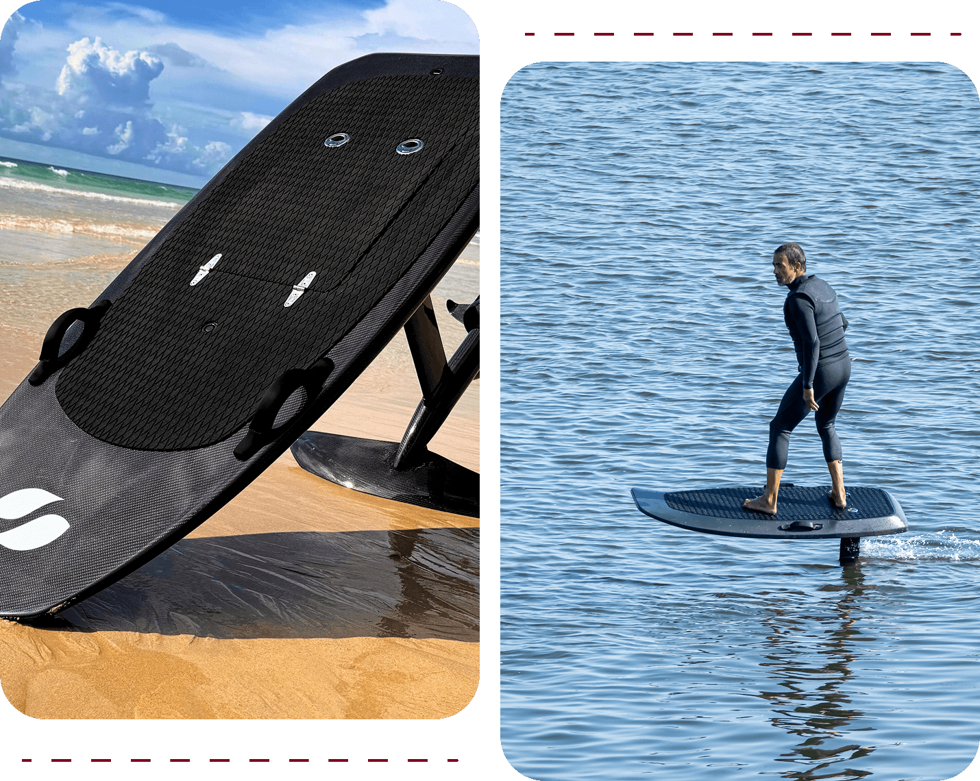 Electric surfboard on beach and water.