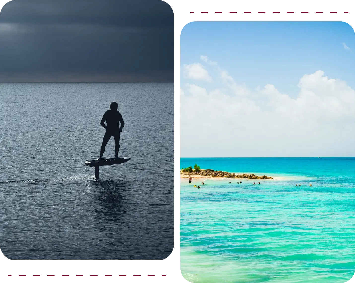 Split image: hydrofoil silhouette and turquoise beach
